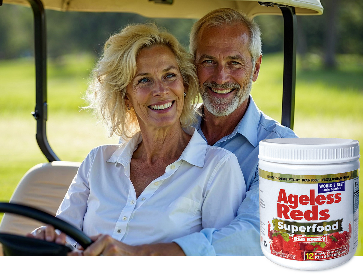  happy older couple on golf cart beside Ageless Reds product-placement